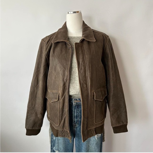 Vintage 1990s Class Club Distressed Leather Streetwear Bomber Jacket Brown. - Picture 4 of 8